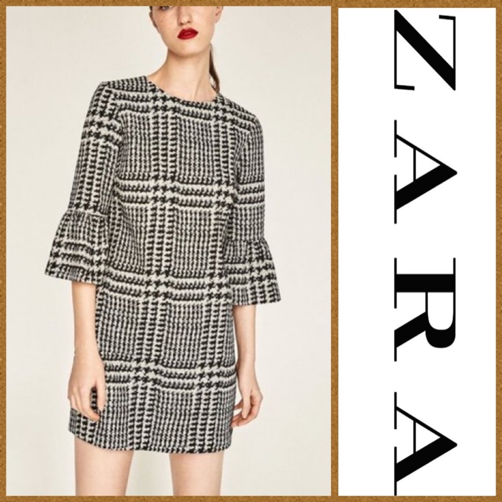 EUC | Zara Houndstooth Bell Sleeve Dress